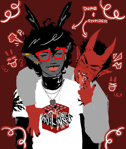 an illustration of artemis scarberry and kurou hasegawa making funny faces. artemis has gray skin and black hair. kurou has red skin and black hair, and is draped over artemis' shoulders. the illustration is littered with miscellaneous silly doodles.