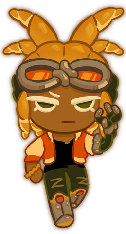 an illustration of a cookie run fan character. she has brown skin and honey-brown "hair." she has a bright orange and dark green jock-like outfit. she has a disgruntled expression, and is lifting her cable-and-metal prosthetic left arm up.
