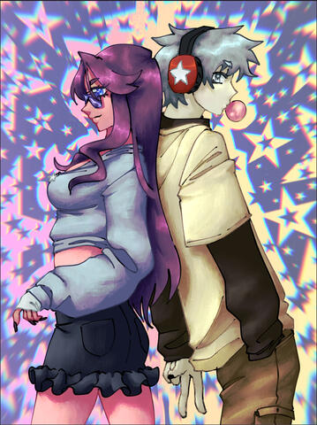 two people stand back to back over an abstract, star-patterned background. the woman on the left has long purple hair and pink skin. the man on the right has silver hair and pale skin.