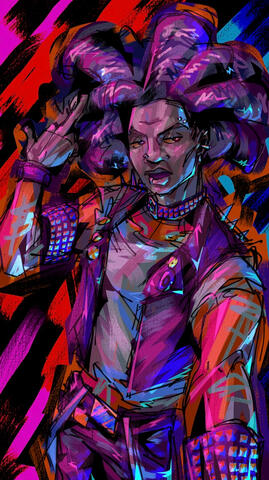 an illustration of hobie brown from into the spiderverse taking a selfie with his middle finger up against an abstract graphic background. hobie has dark brown skin and black wicks. he is dressed in punk fashion.