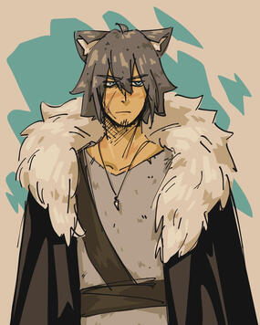 a man with chin-length grey hair and wolf ears stares sullenly into the distance. he wears a fur-lined cloak over a worn grey shirt.