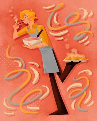 an illustration of sanji from one piece baking. sanji is a caucasian man with yellow hair. he is holding a cigarette and tasting from a spoon with one hand, holding a mixing bowl with the other, and holding a tin of cupcakes behind him with his foot.