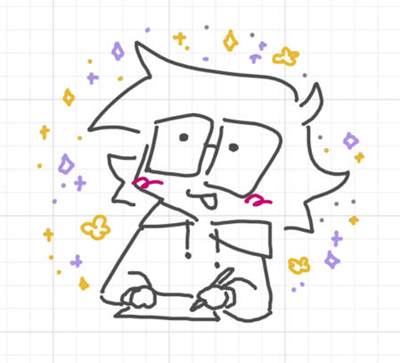 a doodle of alley's persona. they have a dopey smile and they are holding a pencil to paper. purple and yellow sparkles surround them.